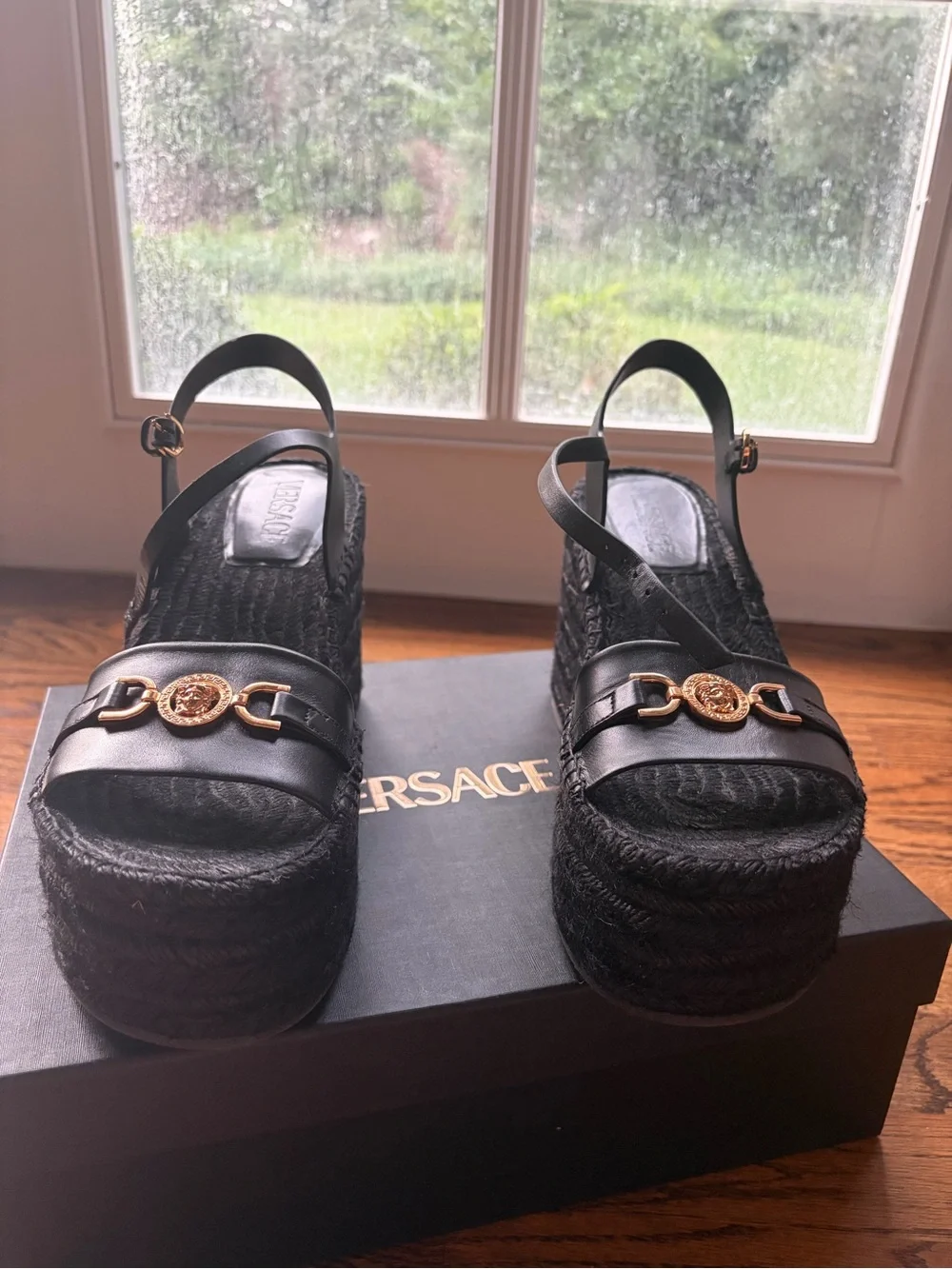Versace Black Platform Espadrille Sandals with Gold Medusa Medallion Accent
